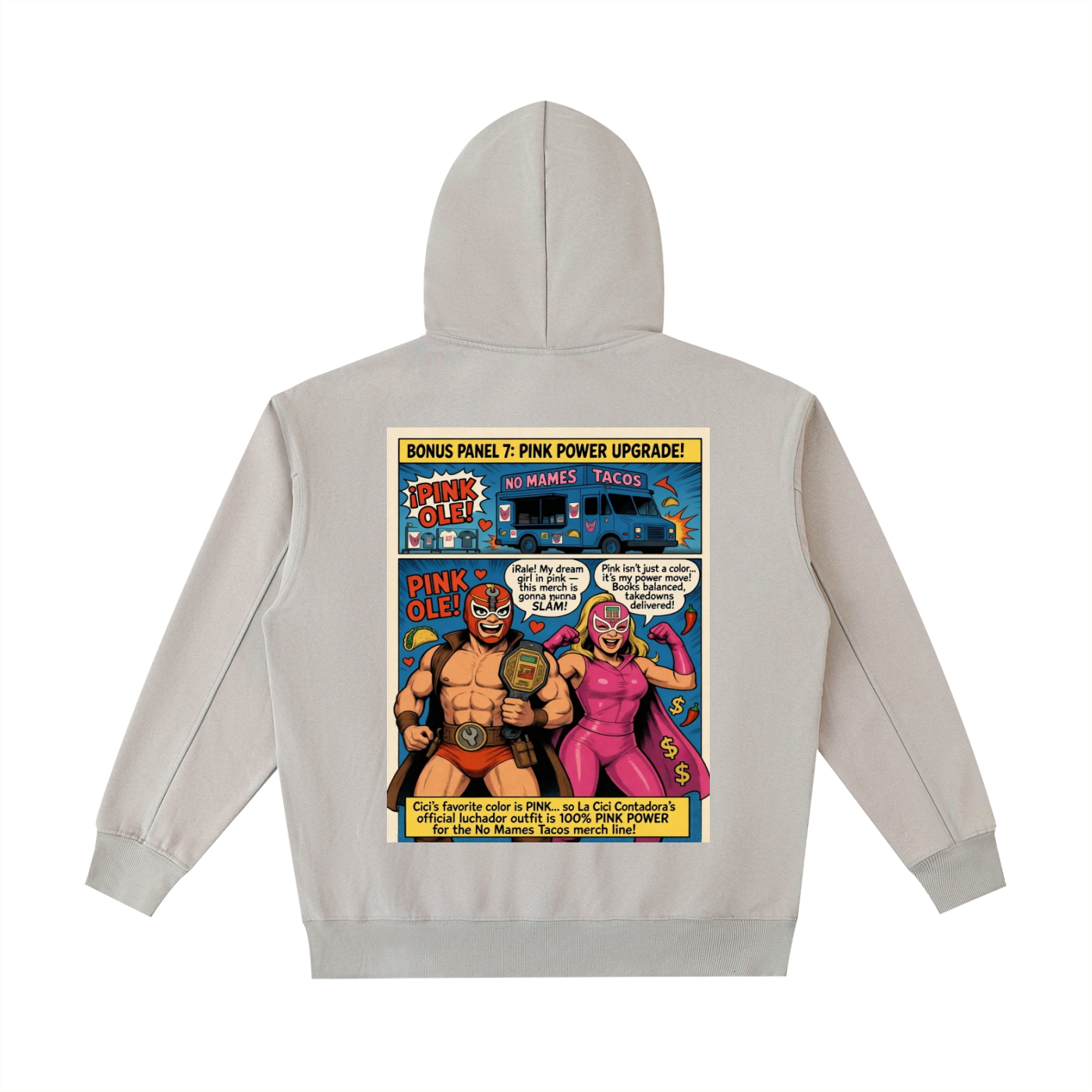 Gray hoodie with a comic book-style graphic on the back