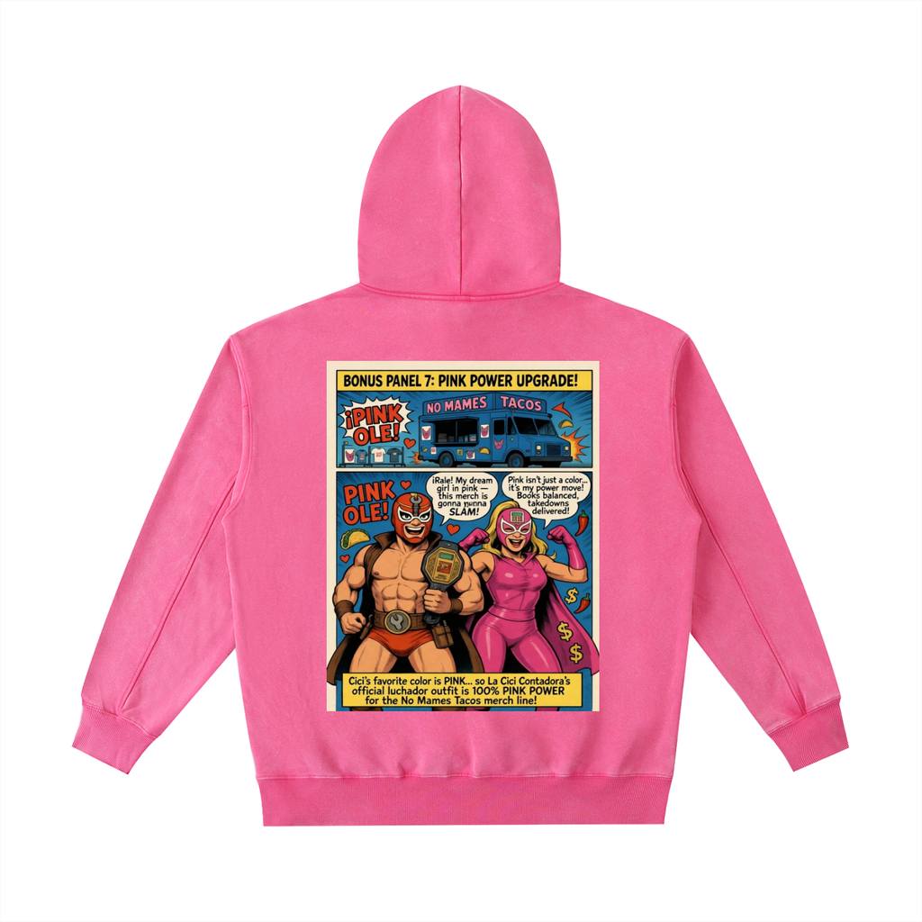 Pink hoodie with comic-style graphic on the back