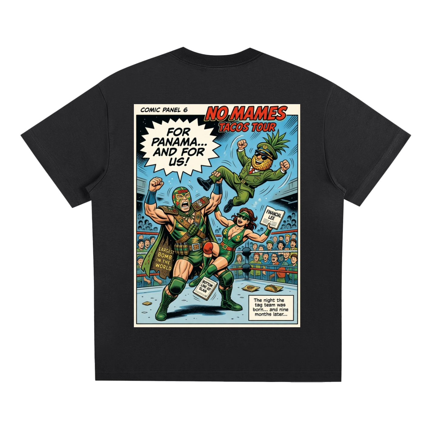 Black t-shirt with a colorful comic-style graphic design on a white background